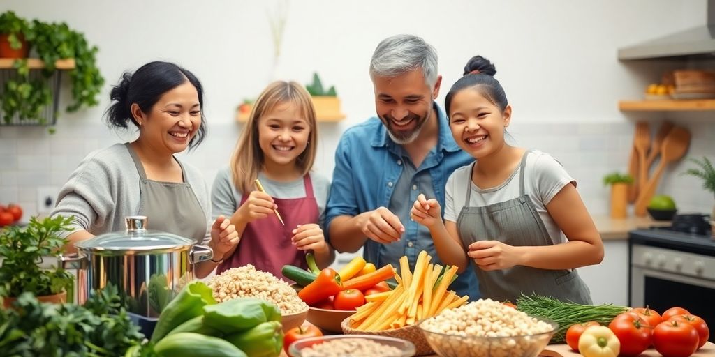 Family cooking dinner together in a bright kitchen.