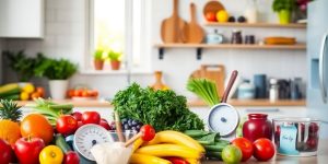 Healthy kitchen with fresh produce and cooking tools.