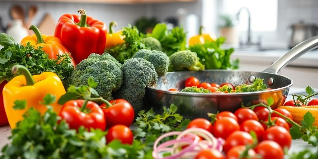 Fresh vegetables in a bright kitchen for healthy cooking.