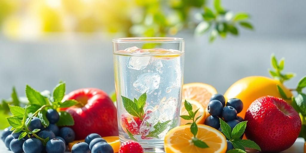 Glass of water with fruits and herbs for hydration.