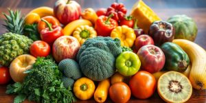 Colorful fruits and vegetables on a rustic wooden table.