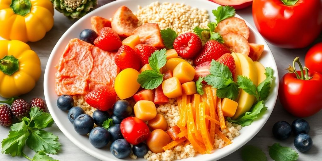 Colorful plate of fruits, vegetables, and healthy foods.