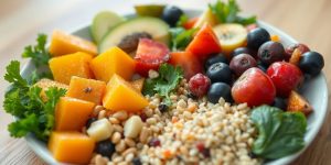 Close-up of a balanced plate of colorful food.