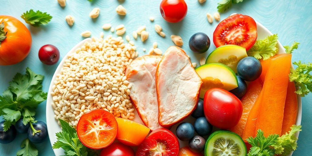 Colorful plate of fruits, vegetables, and whole grains.