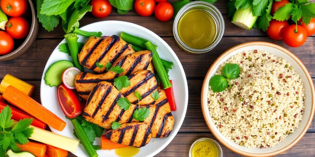 Colorful healthy meal on a rustic table.