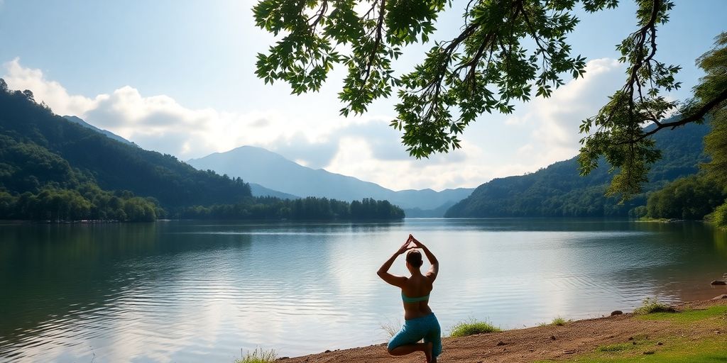 Person practicing yoga by a tranquil lake in nature.