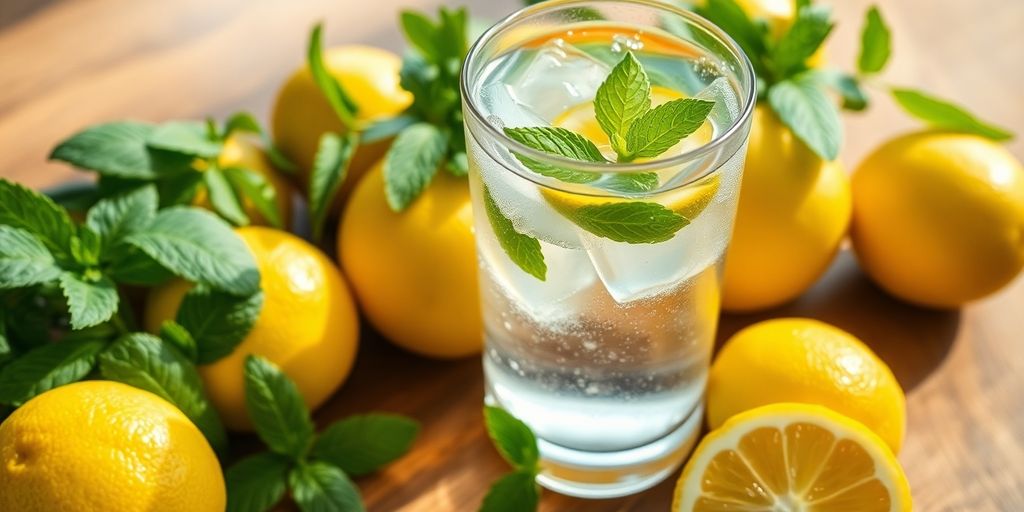 Refreshing water glass with fruits and mint on table.