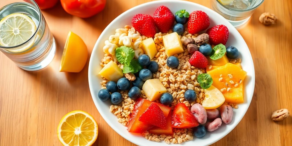 Colorful food assortment promoting healthy eating habits.