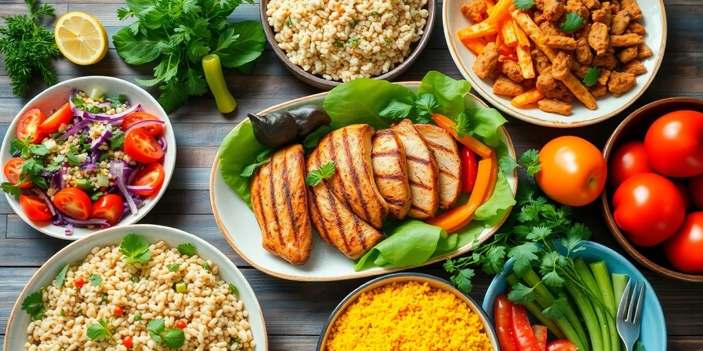 Fresh, colorful heart-healthy meals on a wooden table.