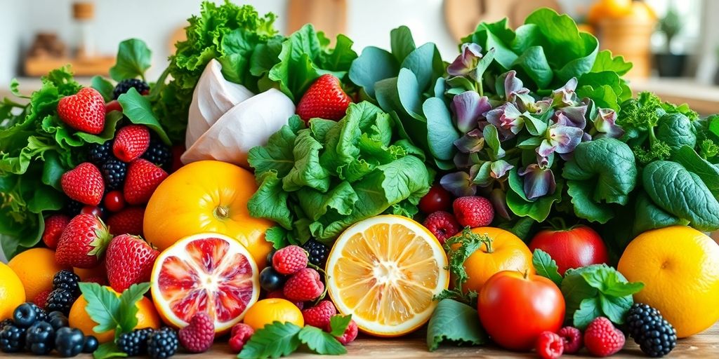 Colorful fruits and vegetables promoting a healthy diet.