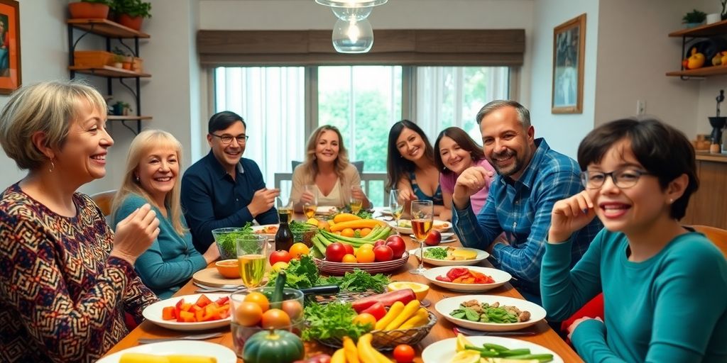 Family enjoying a healthy meal together at a dining table.