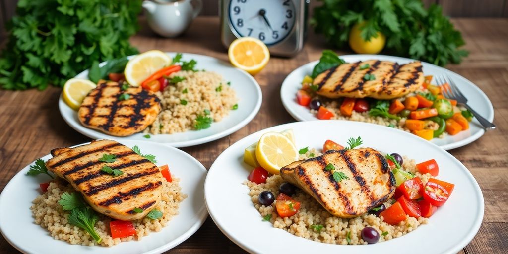 Healthy dinner plates with vegetables and chicken on table.