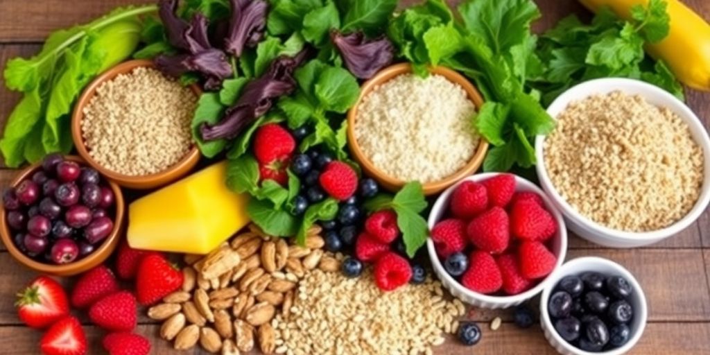 Colorful selection of ten foods for blood sugar control.