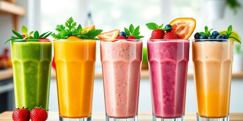 Colorful smoothies in glasses with fresh fruits on top.