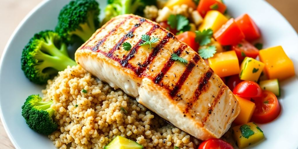 Heart-healthy meals with salmon, vegetables, and quinoa on plate.