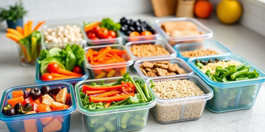 Colorful meal prep containers with healthy ingredients on countertop.